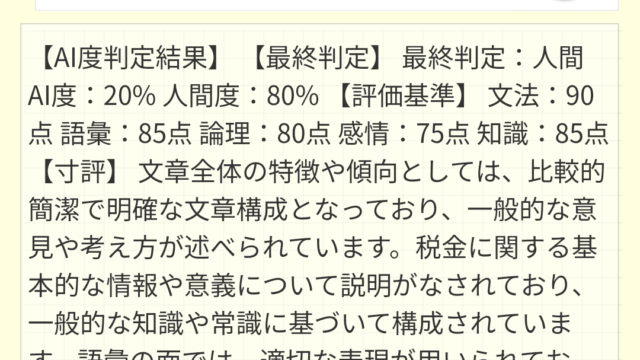 AI作文判定くんに、ChatGPTで生成した作文を判定してもらった結果の画像。AI度20%、人間度80%でほぼ人間が書いたという判定結果。