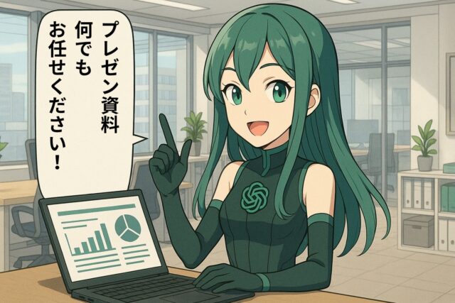 ChatGPTが「プレゼン資料は何でも任せて」と言っている画像。AIは構成、デザイン、サンプルの提案を最適化した形で出力してくれます。