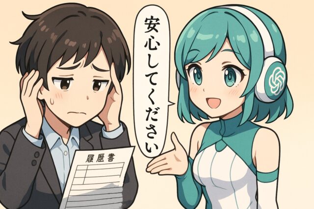 AI生成の履歴書を不安に思う人と、安心させるChatGPTの画像。高精度なのでAIだとバレません。