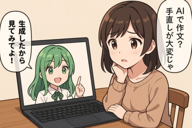 生成AIの作文や読書感想文の出力例を見たい人に対して、ChatGPTが「生成したから見てみて！」と勧めています。