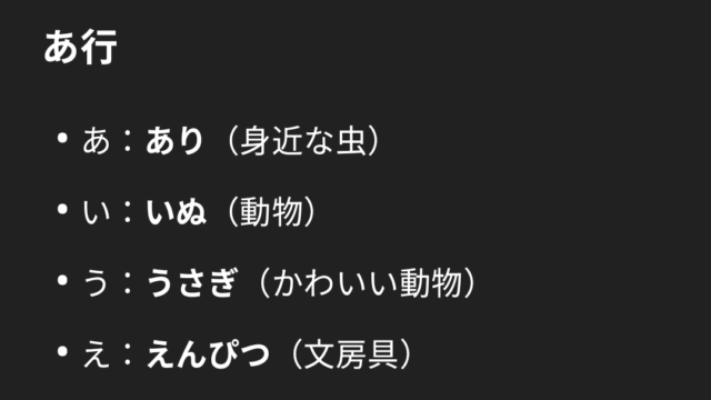 ChatGPTで生成した、ひらがな用のフラッシュカード原案