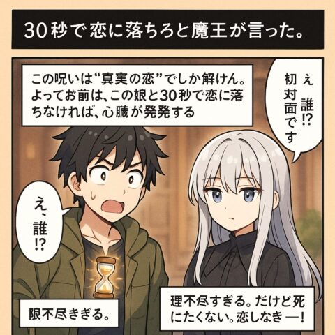 ChatGPT-4oで生成したマンガの一コマめ。漢字の認識が甘めですが、可愛い絵柄で吹き出しもついています。